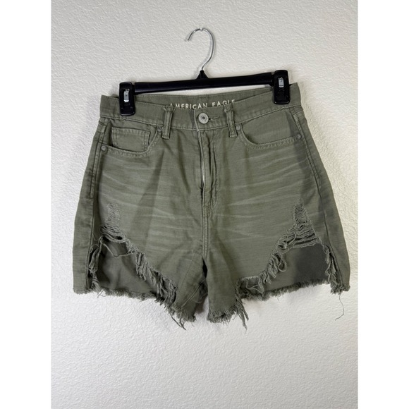 American Eagle‎ Olive Green Distressed Denim Mom Shorts Rips Raw Hem Size 2 - Picture 1 of 6